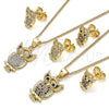 Oro Laminado Earring and Pendant Adult Set, Gold Filled Style Owl Design, with Multicolor Micro Pave, Polished, Golden Finish, 10.156.0340.1