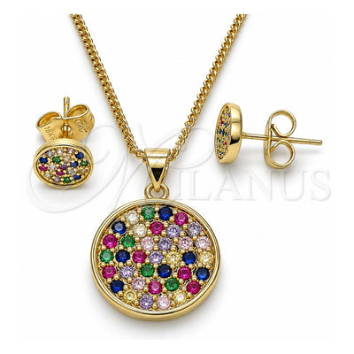 Oro Laminado Earring and Pendant Adult Set, Gold Filled Style with Multicolor Micro Pave, Polished, Golden Finish, 10.156.0341.1