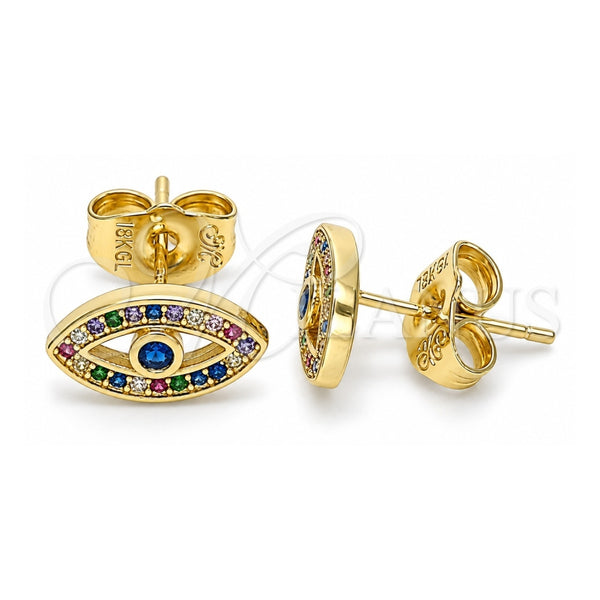 Oro Laminado Stud Earring, Gold Filled Style Evil Eye Design, with Multicolor Micro Pave, Polished, Golden Finish, 02.156.0548.1
