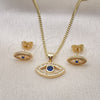 Oro Laminado Earring and Pendant Adult Set, Gold Filled Style Evil Eye Design, with White Micro Pave and Sapphire Blue Cubic Zirconia, Polished, Golden Finish, 10.156.0342