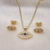 Oro Laminado Earring and Pendant Adult Set, Gold Filled Style Evil Eye Design, with White Micro Pave and Sapphire Blue Cubic Zirconia, Polished, Golden Finish, 10.156.0342