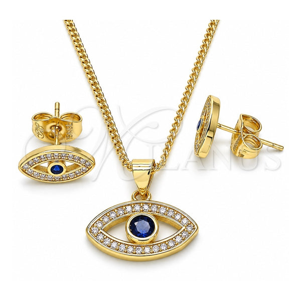 Oro Laminado Earring and Pendant Adult Set, Gold Filled Style Evil Eye Design, with White Micro Pave and Sapphire Blue Cubic Zirconia, Polished, Golden Finish, 10.156.0342