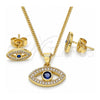 Oro Laminado Earring and Pendant Adult Set, Gold Filled Style Evil Eye Design, with White Micro Pave and Sapphire Blue Cubic Zirconia, Polished, Golden Finish, 10.156.0342