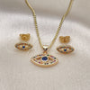 Oro Laminado Earring and Pendant Adult Set, Gold Filled Style Evil Eye Design, with Multicolor Micro Pave and Sapphire Blue Cubic Zirconia, Polished, Golden Finish, 10.156.0342.1
