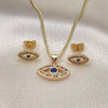 Oro Laminado Earring and Pendant Adult Set, Gold Filled Style Evil Eye Design, with Multicolor Micro Pave and Sapphire Blue Cubic Zirconia, Polished, Golden Finish, 10.156.0342.1