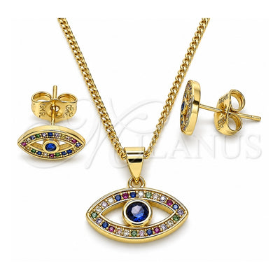 Oro Laminado Earring and Pendant Adult Set, Gold Filled Style Evil Eye Design, with Multicolor Micro Pave and Sapphire Blue Cubic Zirconia, Polished, Golden Finish, 10.156.0342.1