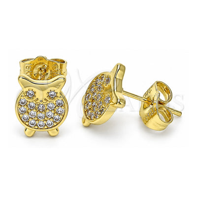Oro Laminado Stud Earring, Gold Filled Style Owl Design, with White Micro Pave, Polished, Golden Finish, 02.156.0549