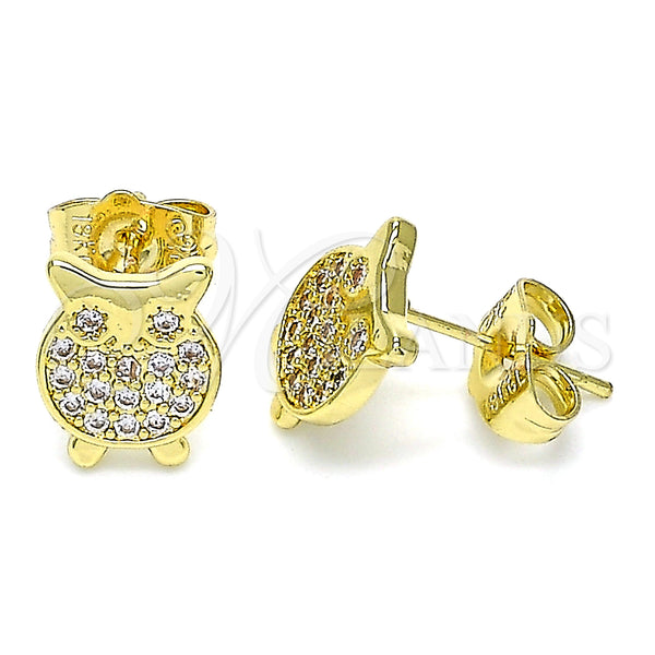 Oro Laminado Stud Earring, Gold Filled Style Owl Design, with White Micro Pave, Polished, Golden Finish, 02.156.0549
