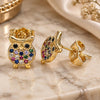 Oro Laminado Stud Earring, Gold Filled Style Owl Design, with Multicolor Micro Pave, Polished, Golden Finish, 02.156.0549.1