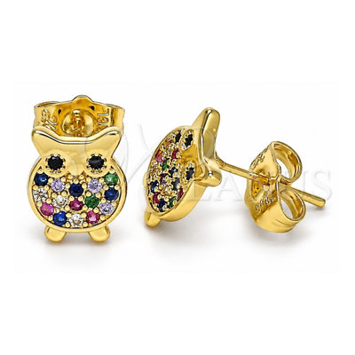 Oro Laminado Stud Earring, Gold Filled Style Owl Design, with Multicolor Micro Pave, Polished, Golden Finish, 02.156.0549.1