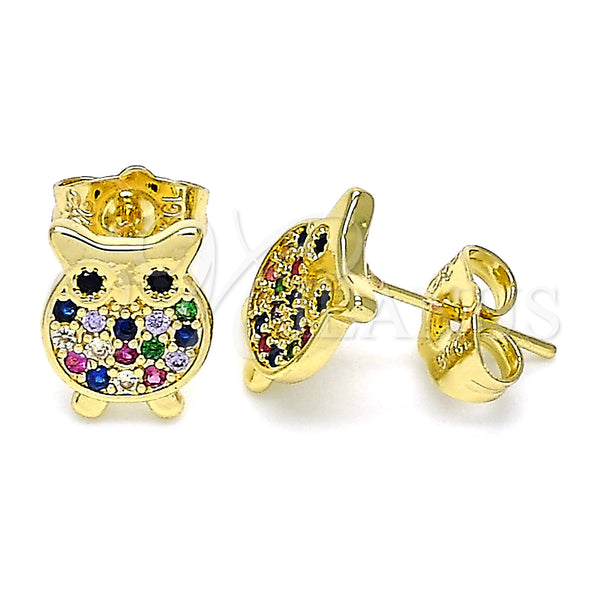 Gold Filled Ring — Stud Earring Owl Design with Multicolor Micro Pave — main product view — SKU 142190 | Oro Laminado anillo — Stud Earring Owl diseño with Multicolor Micro Pave — SKU 142190