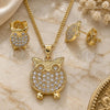 Oro Laminado Earring and Pendant Adult Set, Gold Filled Style Owl Design, with White Micro Pave, Polished, Golden Finish, 10.156.0343