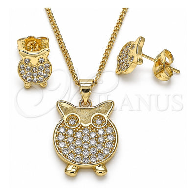 Oro Laminado Earring and Pendant Adult Set, Gold Filled Style Owl Design, with White Micro Pave, Polished, Golden Finish, 10.156.0343