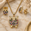 Oro Laminado Earring and Pendant Adult Set, Gold Filled Style Owl Design, with Multicolor Micro Pave, Polished, Golden Finish, 10.156.0343.1