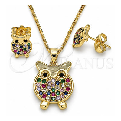 Oro Laminado Earring and Pendant Adult Set, Gold Filled Style Owl Design, with Multicolor Micro Pave, Polished, Golden Finish, 10.156.0343.1