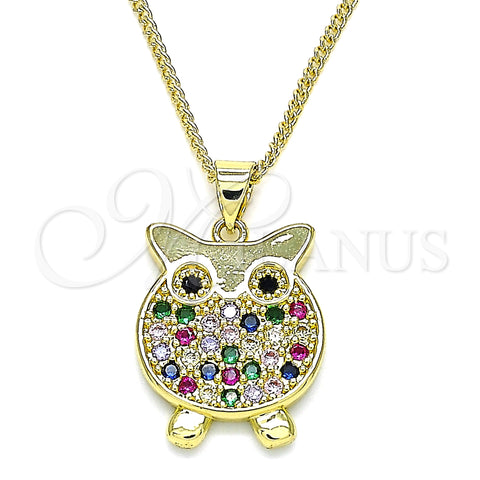 Oro Laminado Pendant Necklace, Gold Filled Style Owl Design, with Multicolor Micro Pave, Polished, Golden Finish, 04.156.0393.1.20 (02 MM Thickness, 20 Inches Length)