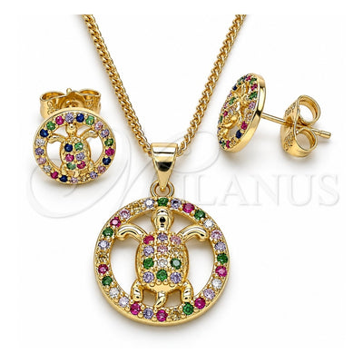 Oro Laminado Earring and Pendant Adult Set, Gold Filled Style Turtle Design, with Multicolor Micro Pave, Polished, Golden Finish, 10.156.0344.1