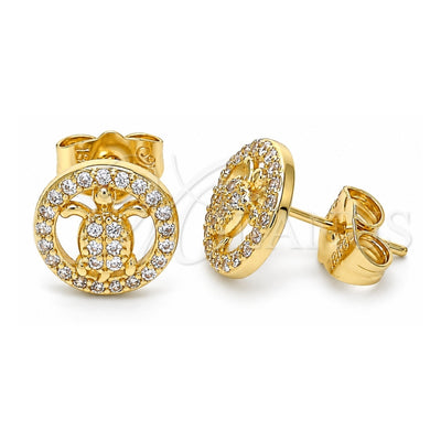 Oro Laminado Stud Earring, Gold Filled Style Turtle Design, with White Micro Pave, Polished, Golden Finish, 02.156.0550
