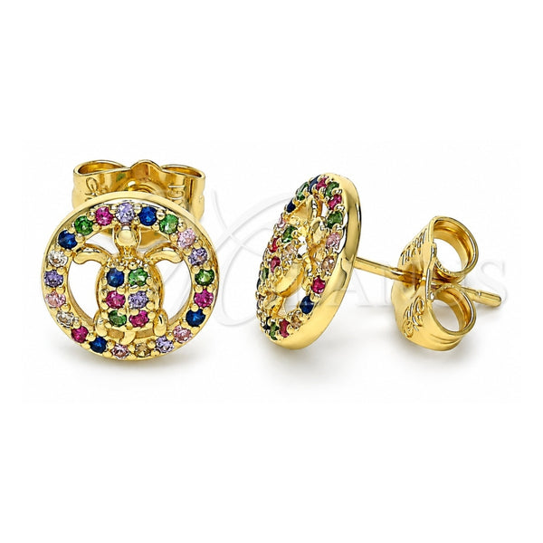 Oro Laminado Stud Earring, Gold Filled Style Turtle Design, with Multicolor Micro Pave, Polished, Golden Finish, 02.156.0550.1