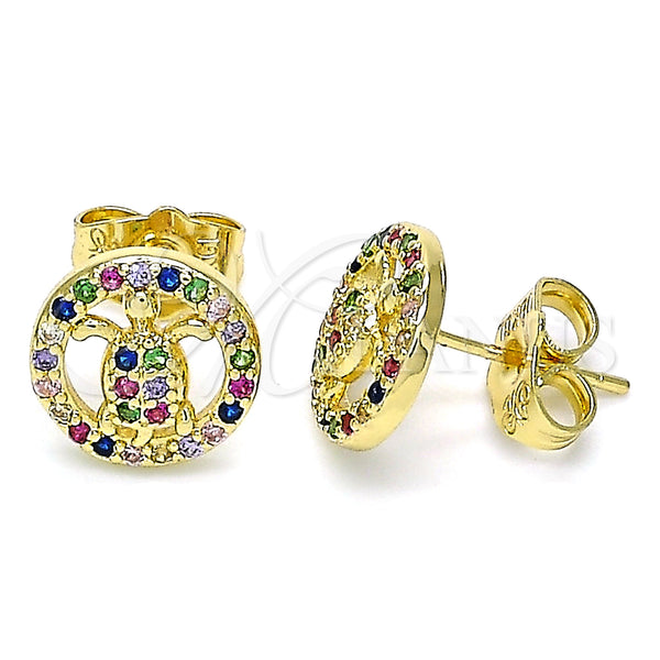 Oro Laminado Stud Earring, Gold Filled Style Turtle Design, with Multicolor Micro Pave, Polished, Golden Finish, 02.156.0550.1