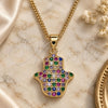 Oro Laminado Pendant Necklace, Gold Filled Style Hand of God and Judaica Design, with Multicolor Micro Pave, Polished, Golden Finish, 04.156.0395.1.20 (02 MM Thickness, 20 Inches Length)