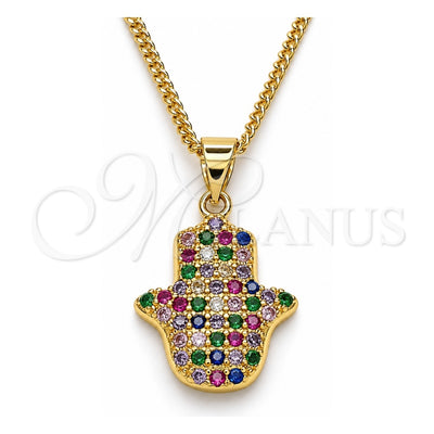 Oro Laminado Pendant Necklace, Gold Filled Style Hand of God and Judaica Design, with Multicolor Micro Pave, Polished, Golden Finish, 04.156.0395.1.20 (02 MM Thickness, 20 Inches Length)