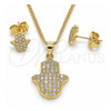 Oro Laminado Earring and Pendant Adult Set, Gold Filled Style Judaica and Hand of God Design, with White Micro Pave, Polished, Golden Finish, 10.156.0345