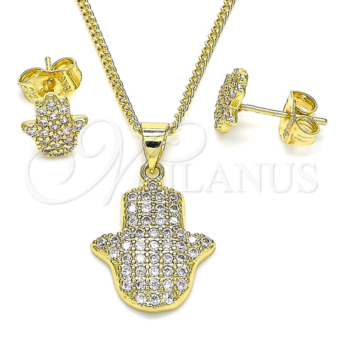 Oro Laminado Earring and Pendant Adult Set, Gold Filled Style Hand of God Design, with White Micro Pave, Polished, Golden Finish, 10.156.0345
