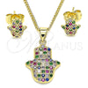 Oro Laminado Earring and Pendant Adult Set, Gold Filled Style Hand of God Design, with Multicolor Micro Pave, Polished, Golden Finish, 10.156.0345.1