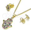 Oro Laminado Earring and Pendant Adult Set, Gold Filled Style Hand of God Design, with Multicolor Micro Pave, Polished, Golden Finish, 10.156.0345.1