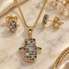 Oro Laminado Earring and Pendant Adult Set, Gold Filled Style Hand of God and Judaica Design, with Multicolor Micro Pave, Polished, Golden Finish, 10.156.0345.1
