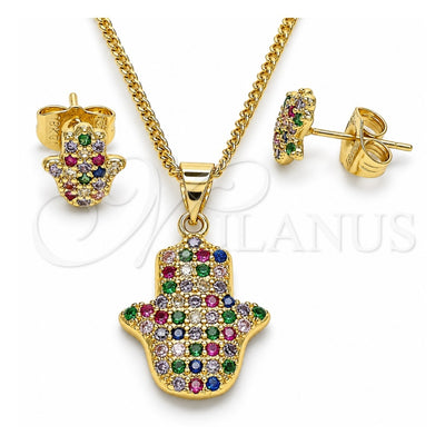 Oro Laminado Earring and Pendant Adult Set, Gold Filled Style Hand of God and Judaica Design, with Multicolor Micro Pave, Polished, Golden Finish, 10.156.0345.1