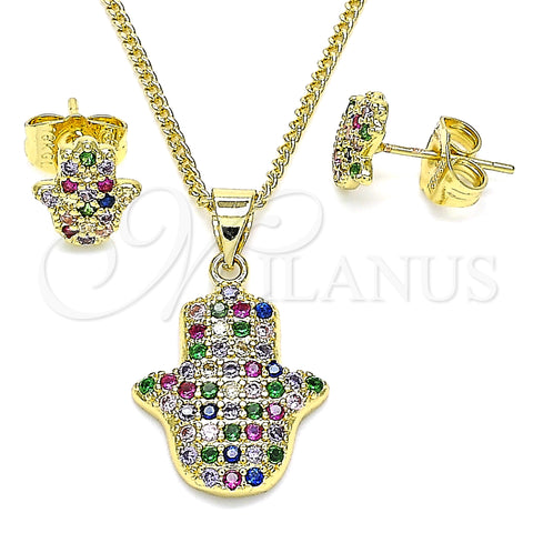 Oro Laminado Earring and Pendant Adult Set, Gold Filled Style Hand of God Design, with Multicolor Micro Pave, Polished, Golden Finish, 10.156.0345.1