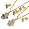 Oro Laminado Earring and Pendant Adult Set, Gold Filled Style Hand of God Design, with Multicolor Micro Pave, Polished, Golden Finish, 10.156.0345.1