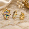 Oro Laminado Stud Earring, Gold Filled Style Hand of God and Judaica Design, with Multicolor Micro Pave, Polished, Golden Finish, 02.156.0551.1