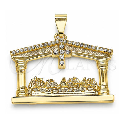Oro Laminado Religious Pendant, Gold Filled Style Cross Design, with White Crystal, Polished, Golden Finish, 05.253.0014.1
