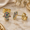 Oro Laminado Stud Earring, Gold Filled Style Hand of God and Judaica Design, with Multicolor Micro Pave and Sapphire Blue Cubic Zirconia, Polished, Golden Finish, 02.156.0552.1