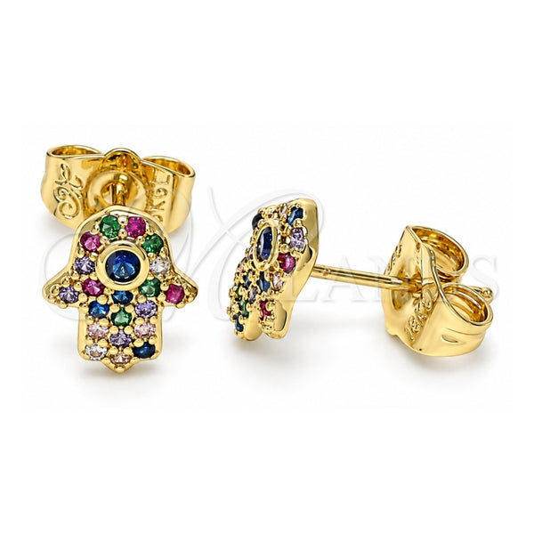 Oro Laminado Stud Earring, Gold Filled Style Hand of God and Judaica Design, with Multicolor Micro Pave and Sapphire Blue Cubic Zirconia, Polished, Golden Finish, 02.156.0552.1