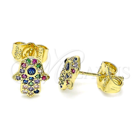 Oro Laminado Stud Earring, Gold Filled Style Hand of God Design, with Multicolor Micro Pave and Sapphire Blue Cubic Zirconia, Polished, Golden Finish, 02.156.0552.1