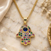 Oro Laminado Pendant Necklace, Gold Filled Style Hand of God and Judaica Design, with Multicolor Micro Pave and Sapphire Blue Cubic Zirconia, Polished, Golden Finish, 04.156.0396.1.20 (02 MM Thickness, 20 Inches Length)