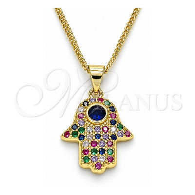Oro Laminado Pendant Necklace, Gold Filled Style Hand of God and Judaica Design, with Multicolor Micro Pave and Sapphire Blue Cubic Zirconia, Polished, Golden Finish, 04.156.0396.1.20 (02 MM Thickness, 20 Inches Length)