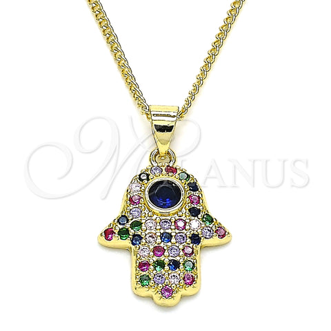 Oro Laminado Pendant Necklace, Gold Filled Style Hand of God Design, with Multicolor Micro Pave and Sapphire Blue Cubic Zirconia, Polished, Golden Finish, 04.156.0396.1.20 (02 MM Thickness, 20 Inches Length)