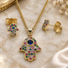 Oro Laminado Earring and Pendant Adult Set, Gold Filled Style Hand of God and Judaica Design, with Multicolor Micro Pave and Sapphire Blue Cubic Zirconia, Polished, Golden Finish, 10.156.0346.1