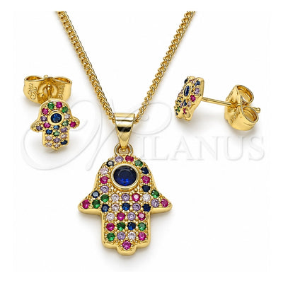 Oro Laminado Earring and Pendant Adult Set, Gold Filled Style Hand of God and Judaica Design, with Multicolor Micro Pave and Sapphire Blue Cubic Zirconia, Polished, Golden Finish, 10.156.0346.1