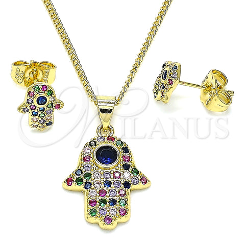 Oro Laminado Earring and Pendant Adult Set, Gold Filled Style Hand of God Design, with Multicolor Micro Pave and Sapphire Blue Cubic Zirconia, Polished, Golden Finish, 10.156.0346.1