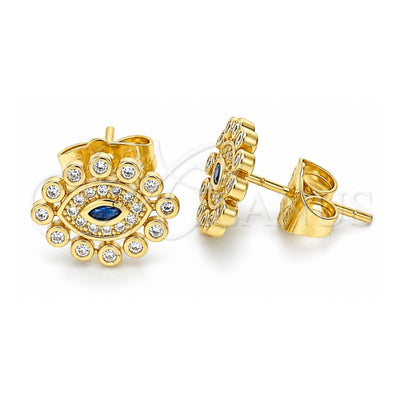 Oro Laminado Stud Earring, Gold Filled Style Evil Eye Design, with Sapphire Blue and White Micro Pave, Polished, Golden Finish, 02.156.0553
