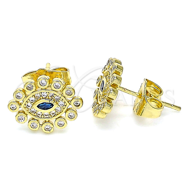 Oro Laminado Stud Earring, Gold Filled Style Evil Eye Design, with Sapphire Blue and White Micro Pave, Polished, Golden Finish, 02.156.0553