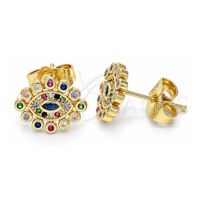 Oro Laminado Stud Earring, Gold Filled Style Evil Eye Design, with Multicolor Micro Pave, Polished, Golden Finish, 02.156.0553.1