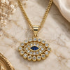 Oro Laminado Pendant Necklace, Gold Filled Style Evil Eye Design, with Sapphire Blue and White Micro Pave, Polished, Golden Finish, 04.156.0397.20 (02 MM Thickness, 20 Inches Length)