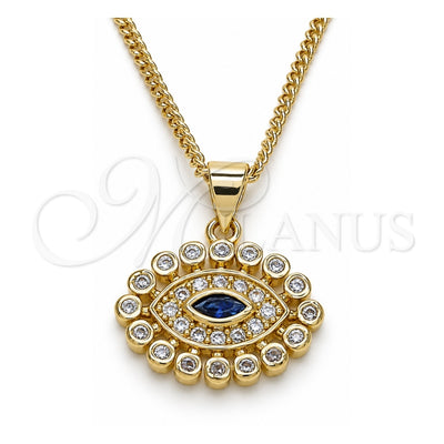 Oro Laminado Pendant Necklace, Gold Filled Style Evil Eye Design, with Sapphire Blue and White Micro Pave, Polished, Golden Finish, 04.156.0397.20 (02 MM Thickness, 20 Inches Length)
